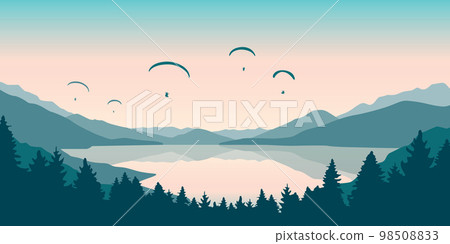 paragliding adventure flying with friends by the lake on mountain background at sunset paragliding adventure flying with friends by the lake on mountain background at sunset 98508833