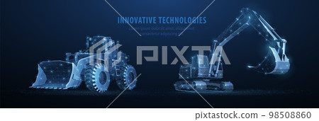 Loader and excavator. Abstract 3d heavy loader and excavator. Low pole. Construction machinery equipment, earth building bulldozer, earthmoving machine technology, 98508860