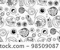 European food seamless pattern top view plates dishes table black and white 98509087