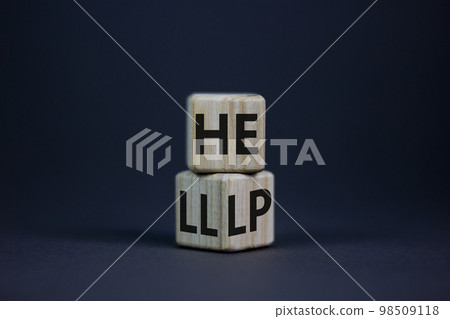 Hell or help symbol. Turned a wooden cube and changed the word 'hell' to 'help'. Beautiful grey table, grey background, copy space. Business, psychology and hell or help concept. Hell or help symbol. Turned a wooden cube and changed the word 'hell' to 'help'. Beautiful grey table, grey background, copy space. Business, psychology and hell or help concept. 98509118