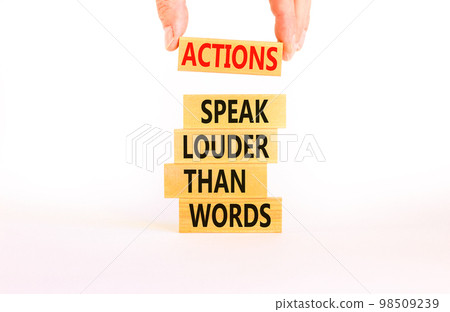 Actions speak louder words symbol. Concept words Actions speak louder than words on wooden blocks. Beautiful white table white background. Business new mindset for results concept. Copy space. Actions speak louder words symbol. Concept words Actions speak louder than words on wooden blocks. Beautiful white table white background. Business new mindset for results concept. Copy space. 98509239