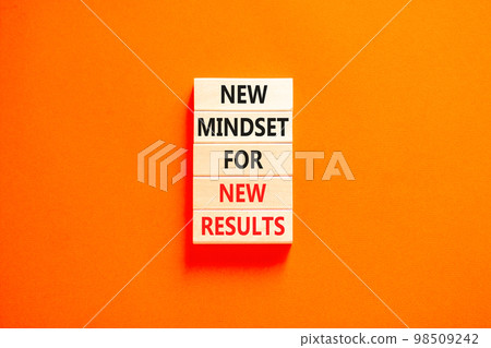 New mindset and results symbol. Concept words New mindset for new results on wooden blocks. Beautiful orange table orange background. Business new mindset for results concept. Copy space 98509242