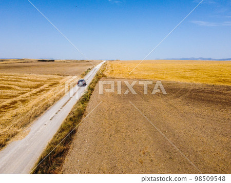 Aerial view of a car driving along a rural road between wheat fields in summer 98509548