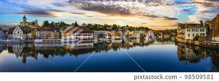 medieval towns of Switzerland. downtown of Schaffhausen and view of Munot castle medieval towns of Switzerland. downtown of Schaffhausen and view of Munot castle 98509581