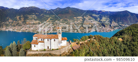 Italian lakes nature scenery. Amazing Iseo lake aerial view Italian lakes nature scenery. Amazing Iseo lake aerial view 98509610