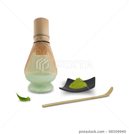 Realistic Detailed 3d Matcha Powder on Black Plate, Tea Scoop and Whisk Made of Bamboo Japanese Tea Concept. Vector illustration Realistic Detailed 3d Matcha Powder on Black Plate, Tea Scoop and Whisk Made of Bamboo Japanese Tea Concept. Vector illustration 98509940