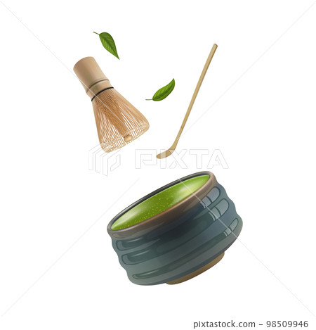 Realistic Detailed 3d Bamboo Whisk Chasen, Scoop Chashaku and Cup Chawan Set Matcha Concept Isolated on a White Background. Vector illustration 98509946