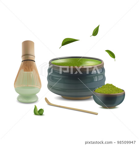 Realistic Detailed 3d Bamboo Whisk, Scoop, Cup and Bowl of Green Matcha Powder Set. Vector illustration 98509947