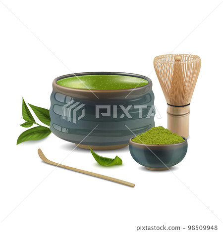 Realistic Detailed 3d Chasen, Chashaku, Chawan and Bowl of Green Matcha Powder Set Tea Ceremony Concept. Vector illustration 98509948