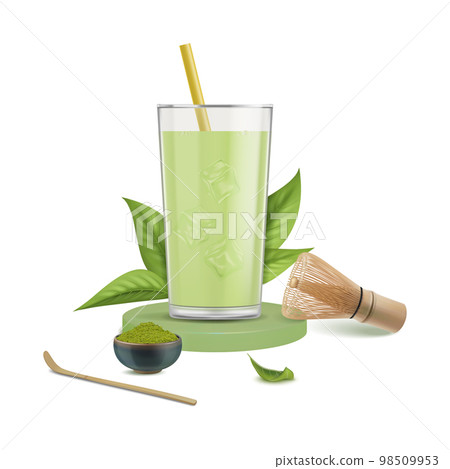 Realistic Detailed 3d Japanese Matcha Latte Drink in Glass Cup on Podium. Healthy Beverage Advertising for Cafe. Vector illustration 98509953