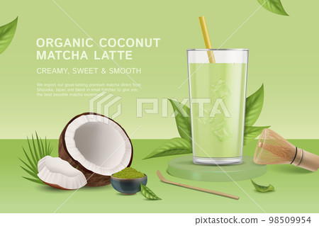 Realistic Detailed 3d Organic Coconut Matcha Latte Ads Banner Concept Poster Card. Vector illustration of Alternative Milk Realistic Detailed 3d Organic Coconut Matcha Latte Ads Banner Concept Poster Card. Vector illustration of Alternative Milk 98509954