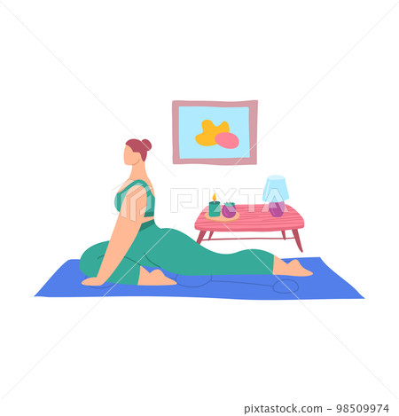 Cartoon Color Character Woman Home Yoga Kapotasana Pigeon Position Concept Flat Design Style. Vector illustration 98509974