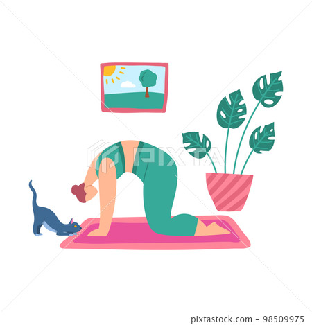 Cartoon Color Character Woman Home Yoga Marjaryasana Cat Position Concept Flat Design Style. Vector illustration Cartoon Color Character Woman Home Yoga Marjaryasana Cat Position Concept Flat Design Style. Vector illustration 98509975