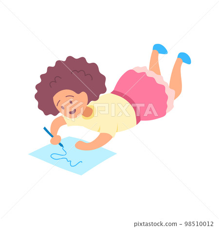 Cartoon Character Girl Draws Cute Little Kid Concept Flat Design Style Isolated on a White Background. Vector illustration 98510012