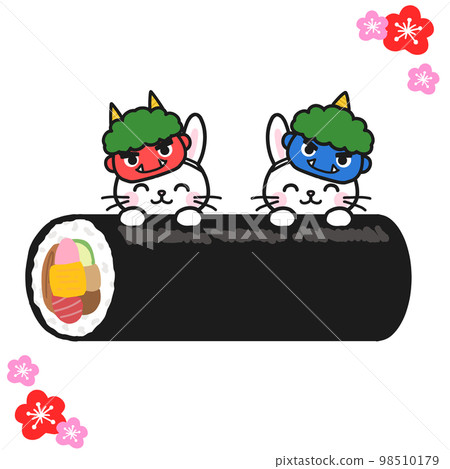Ingredients for Setsubun Ehomaki with a smiling rabbit wearing a demon mask Ingredients for Setsubun Ehomaki with a smiling rabbit wearing a demon mask 98510179