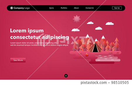 Landing page concept. Vector illustration in trendy and modern flat style. Beautiful forest scene. Modern color Viva Magenta. Tent, trees, mountains, forest. Landing page concept. Vector illustration in trendy and modern flat style. Beautiful forest scene. Modern color Viva Magenta. Tent, trees, mountains, forest. 98510505