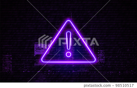 Attention Danger Hacking. Neon Symbol on Purple Big City Background. Security protection, Malware, Hack Attack, Data Breach Concept. System hacked error, Attacker alert sign computer virus. Ransomware Attention Danger Hacking. Neon Symbol on Purple Big City Background. Security protection, Malware, Hack Attack, Data Breach Concept. System hacked error, Attacker alert sign computer virus. Ransomware 98510517
