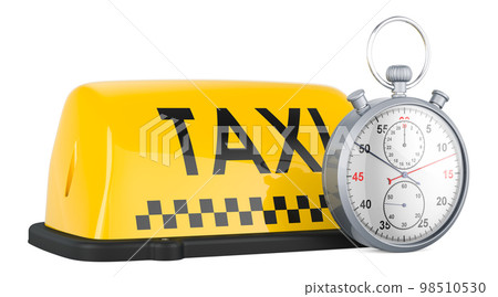 Taxi car signboard with stopwatch. 3D rendering Taxi car signboard with stopwatch. 3D rendering 98510530