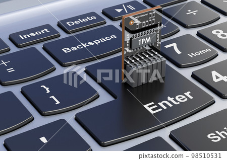 Trusted Platform Module, TPM on laptop keyboard, 3D rendering Trusted Platform Module, TPM on laptop keyboard, 3D rendering 98510531