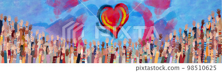 Many raised hands Diverse people. Charitable donation and volunteer work. Support and assistance. People diversity. Multicultural community. NGO. Aid. Blue background copy space with heart 98510625
