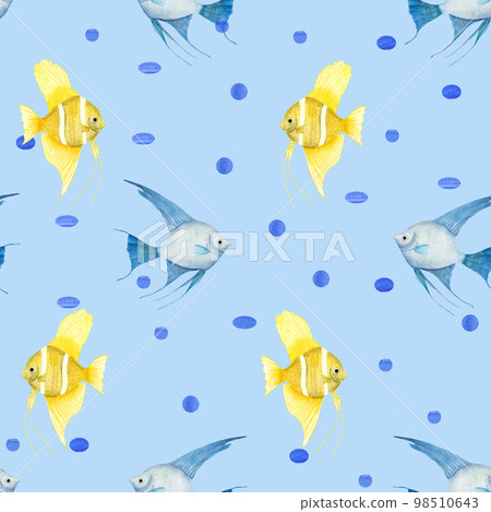 Watercolor underwater seamless pattern of blue and yellow angelfishes on white background. Print for design, background, menus, souvenirs, decor, wallpaper, fabric, textile, wrapping. Watercolor underwater seamless pattern of blue and yellow angelfishes on white background. Print for design, background, menus, souvenirs, decor, wallpaper, fabric, textile, wrapping. 98510643