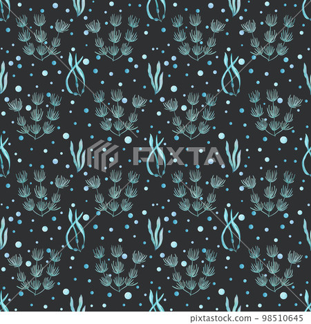 Watercolor underwater seamless pattern of seaweeds on white background. Print for design, banner, cards, background, menus, souvenirs, decor, wallpaper, fabric, textile, wrapping. 98510645