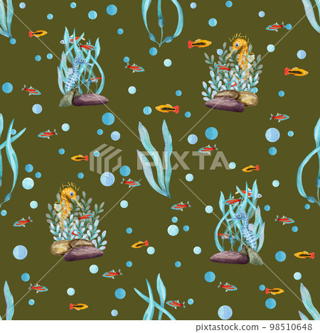 Watercolor underwater seamless pattern of seahorses, neon tetra fishes, seaweeds on white background. Print for design, background, menus, souvenirs, decor, wallpaper, fabric, textile, wrapping Watercolor underwater seamless pattern of seahorses, neon tetra fishes, seaweeds on white background. Print for design, background, menus, souvenirs, decor, wallpaper, fabric, textile, wrapping 98510648