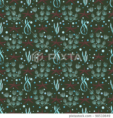 Watercolor underwater seamless pattern of seaweeds, seafishes on white background. Print for design, banner, cards, background, menus, souvenirs, decor, wallpaper, fabric, textile, wrapping Watercolor underwater seamless pattern of seaweeds, seafishes on white background. Print for design, banner, cards, background, menus, souvenirs, decor, wallpaper, fabric, textile, wrapping 98510649