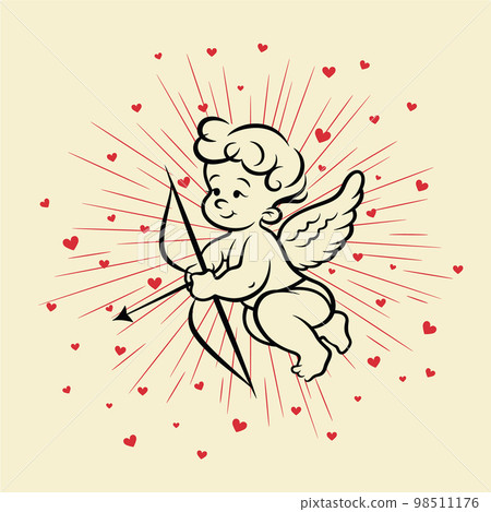 Flying Vector Cupid Boy Holding Bow, Aiming, Shooting Arrow, Hand Drawn with Outline in Retro, Vintage Comic Style. God of Love, Amor, Eros or Mythological Character with Wings Flying Vector Cupid Boy Holding Bow, Aiming, Shooting Arrow, Hand Drawn with Outline in Retro, Vintage Comic Style. God of Love, Amor, Eros or Mythological Character with Wings 98511176