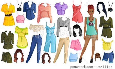 Travel Time Paper Doll with Beautiful Lady, Outfits and Hairstyles. Vector Illustration 98511177