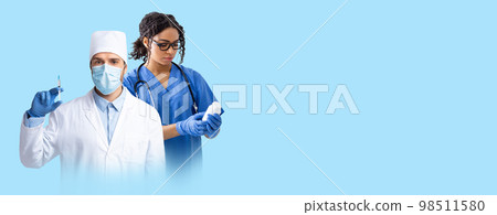International medical team working on blue background, copy space International medical team working on blue background, copy space 98511580