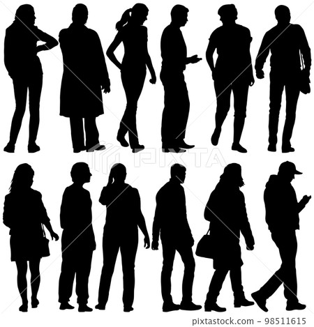Silhouette Group of People Standing on White Background Silhouette Group of People Standing on White Background 98511615