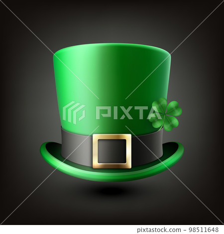 Vector Illustration with 3d Realistic Green Leprechaun Top Hat with Green Clover Shamrock. St. Patrick's Day Concept Design. Classic Retro Vintage Top Hat Isolated on Black Background Vector Illustration with 3d Realistic Green Leprechaun Top Hat with Green Clover Shamrock. St. Patrick's Day Concept Design. Classic Retro Vintage Top Hat Isolated on Black Background 98511648