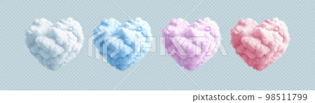Set of Fluffy Heart Cloud. White, Blue, Pink and Purple Color. Concept Design for Valentines Day Postcard, Banner, Leaflets. Realistic 3d Render. Vector Illustration 98511799