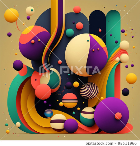 Abstract futuristic contemporary modern cosmic design in cartoon style with spheres, stripes and lines. 98511966