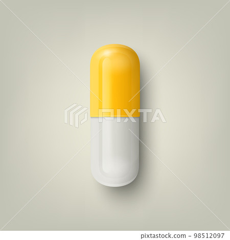 Vector 3d Realistic White and Yellow Pharmaceutical Medical Pill, Capsule, Tablet on White Background. Front View. Copy Space. Medicine, Health Concept Vector 3d Realistic White and Yellow Pharmaceutical Medical Pill, Capsule, Tablet on White Background. Front View. Copy Space. Medicine, Health Concept 98512097