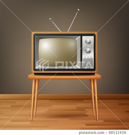 Vector 3d Realistic Brown Wooden Retro TV Receiver on Wooden Table. Home Interior Design Concept. Vintage TV Set, Television, Front View 98512439