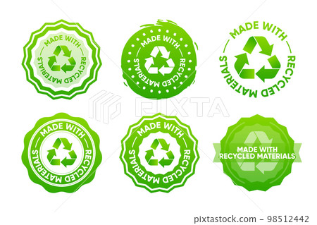 100 percent Recycled materials. Recyclable Compostable Biodegradable materials. Recycle Reuse Reduce Icon. Package label for eco packet. Vector illustration. 98512442