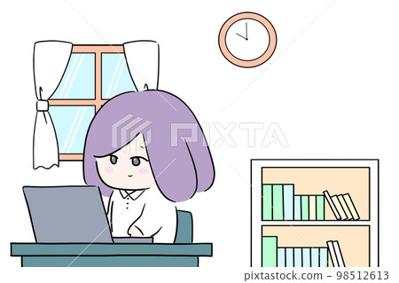 在電腦上工作的女性，一幅插圖，在家工作，在家工作，縮放會議，案頭工作，家庭時間 98512613