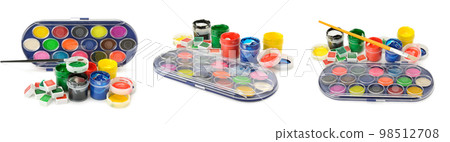 Multicolored watercolor and gouache paints and brushes isolated on white Multicolored watercolor and gouache paints and brushes isolated on white 98512708