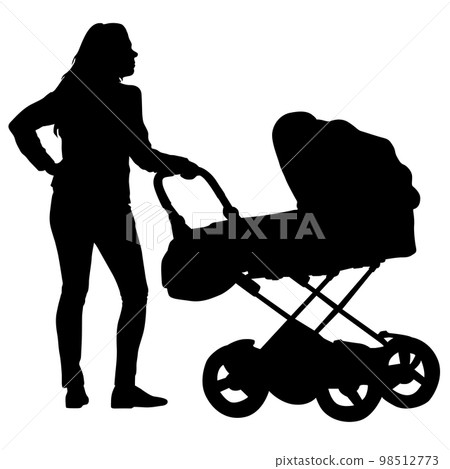 Silhouettes walkings mothers with baby strollers on a white background 98512773