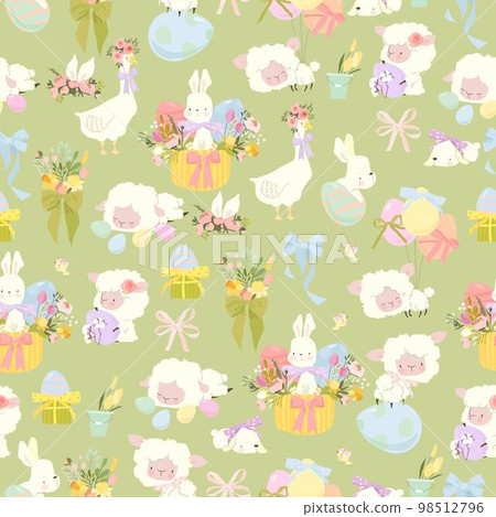 Seamless Pattern with Cute White Bunnies, Gooses, Sheeps and Easter Eggs Seamless Pattern with Cute White Bunnies, Gooses, Sheeps and Easter Eggs 98512796