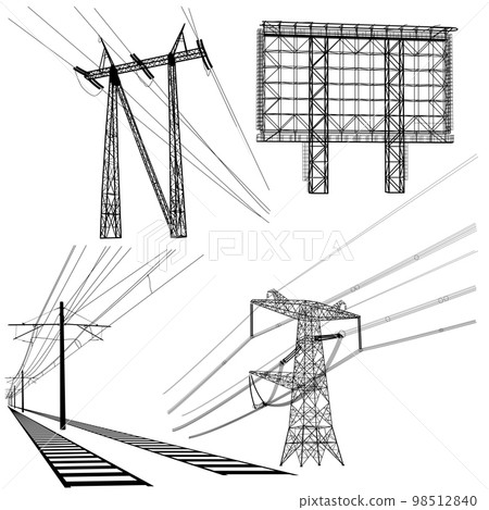 Set silhouette of high voltage power lines on a white background 98512840