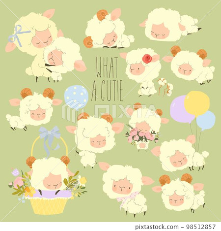 Cute Little Sheep Cartoon Characters Set on Green Background 98512857