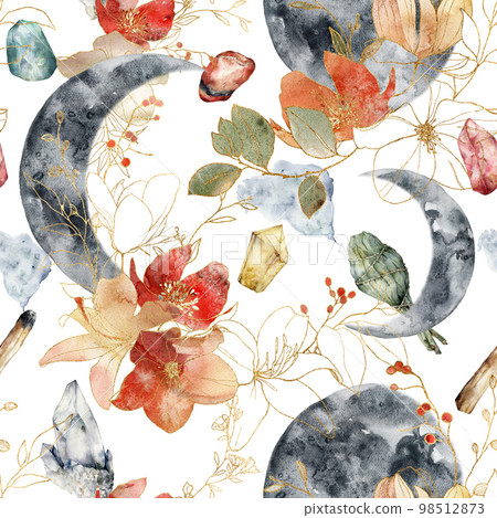 Watercolor seamless pattern of flowers and moon composition. Hand painted abstract composition isolated on white background. Minimalistic linear illustrations for design, print, fabric or background. Watercolor seamless pattern of flowers and moon composition. Hand painted abstract composition isolated on white background. Minimalistic linear illustrations for design, print, fabric or background. 98512873