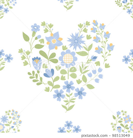 Flower heart. Seamless pattern with openwork floral heart of decorative flowers on white background. Vector i.llustration in flat style for wallpaper, textile, packaging, decor and design 98513049