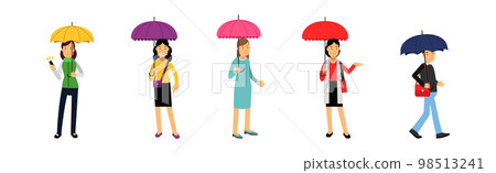 Happy Man and Woman Walking with Umbrella in Rainy Day Vector Set 98513241