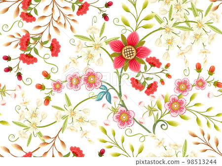 Fantasy flowers in retro, vintage, jacobean embroidery style.  98513244