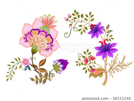 Fantasy flowers in retro, vintage, jacobean embroidery style.  98513248