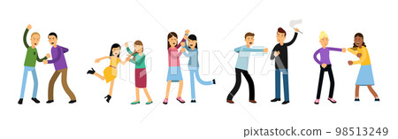 Warring Male and Female Fighting and Yelling at Each Other Vector Illustration Set 98513249